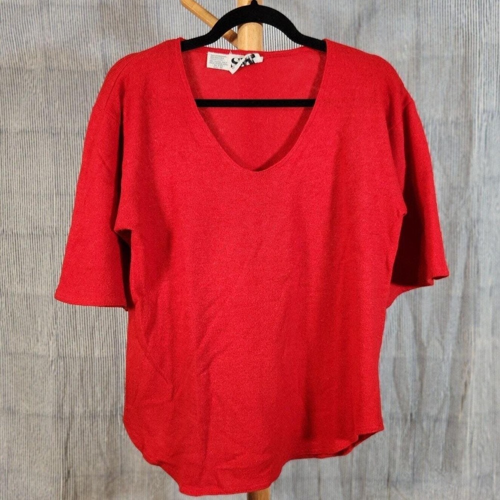 Vintage 80s SW1 by Vesna Bricelj Medium $198 Red Lambswool Angora Short Sleeve